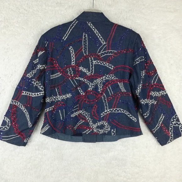 Vintage Anage Womens Suit Jacket Beaded Embroidered Sequins Red White Blue L - Picture 2 of 15